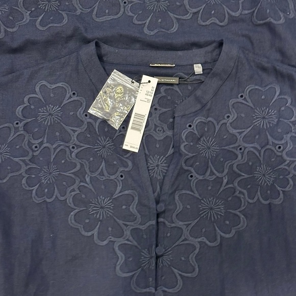 ELIE TAHARI Linen Blend Cap Sleeve Eyelet Trim Navy Blue Knee Length Dress - Picture 5 of 12